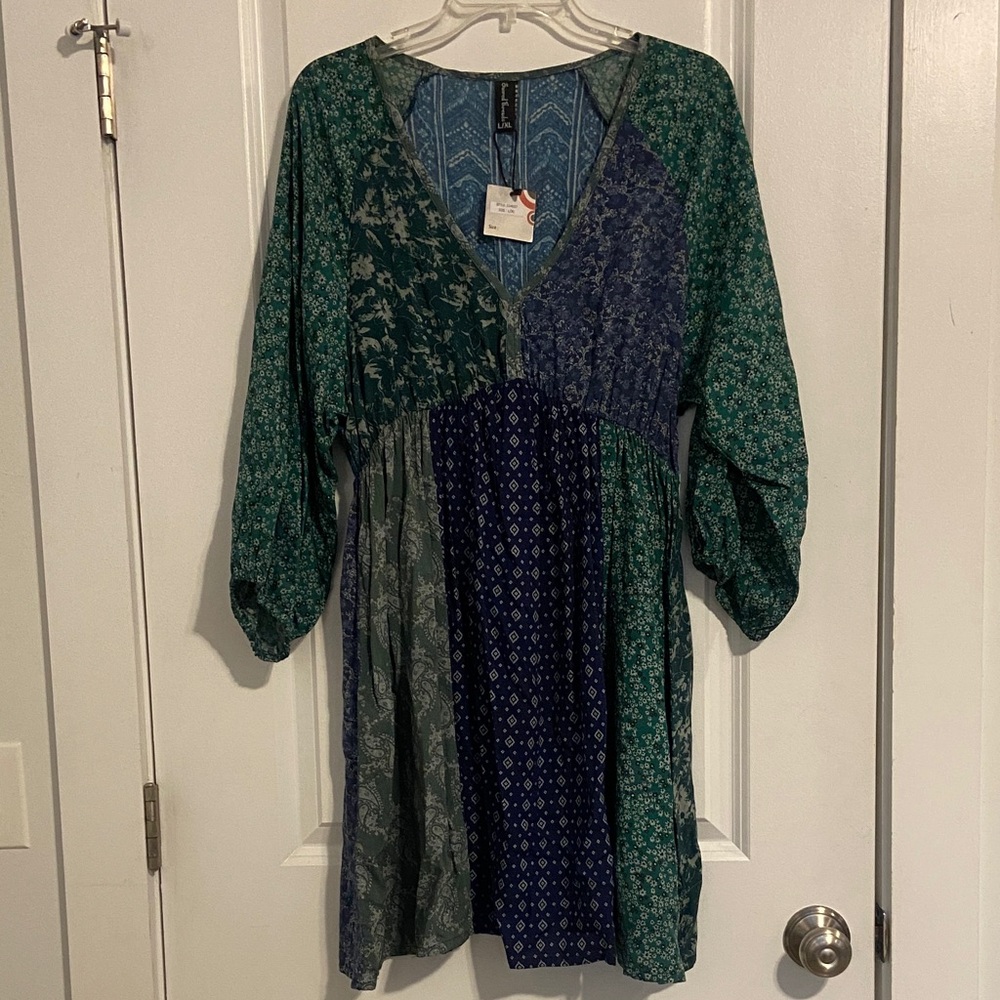 Sacred Threads Blue and Green V-Neck Dress